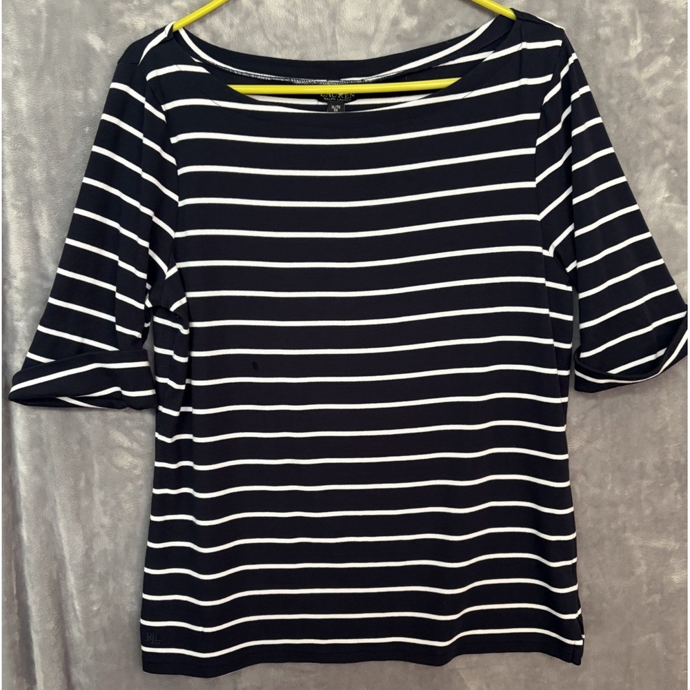 Lauren Ralph Lauren XL Navy White Striped Roll Up CuffedShort Sleeve Tee Women's